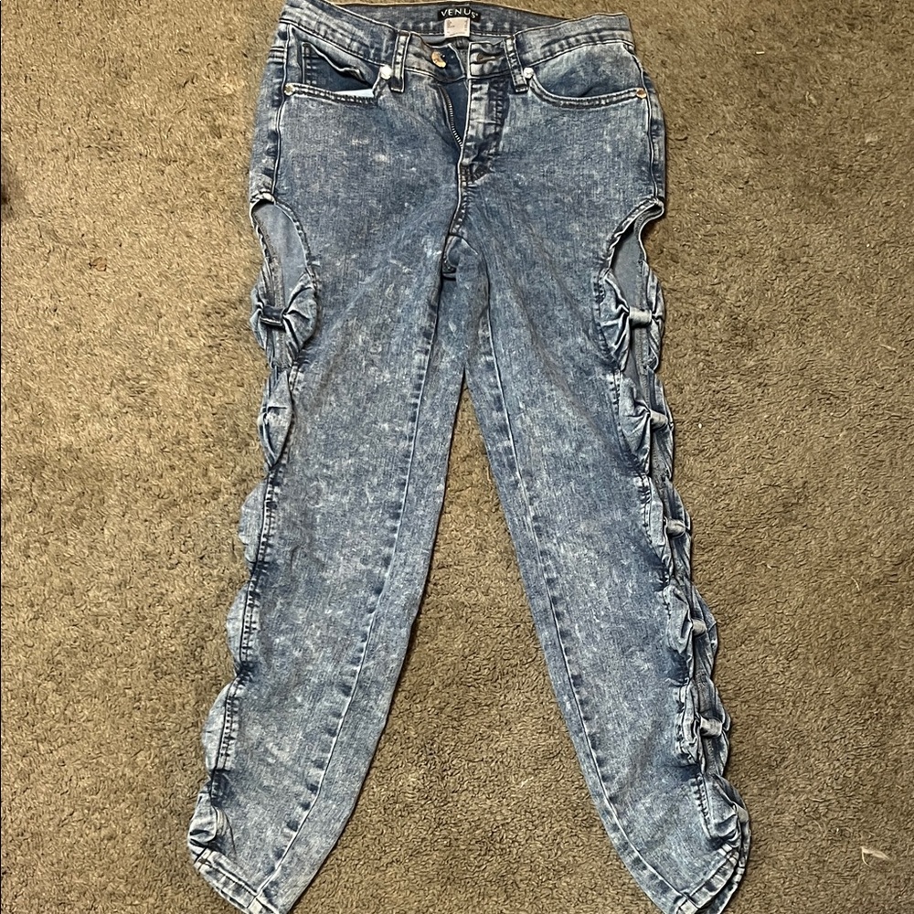 VENUS Blue Straight Leg Jeans with Side Accents